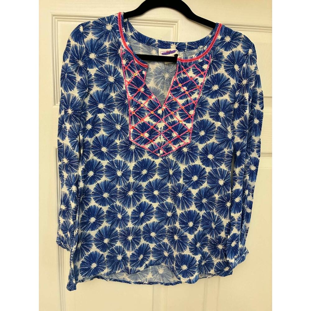 Vineyard Vines XS Blue Starburst Beaded Tunic Blouse‎ 100% Viscose Top
